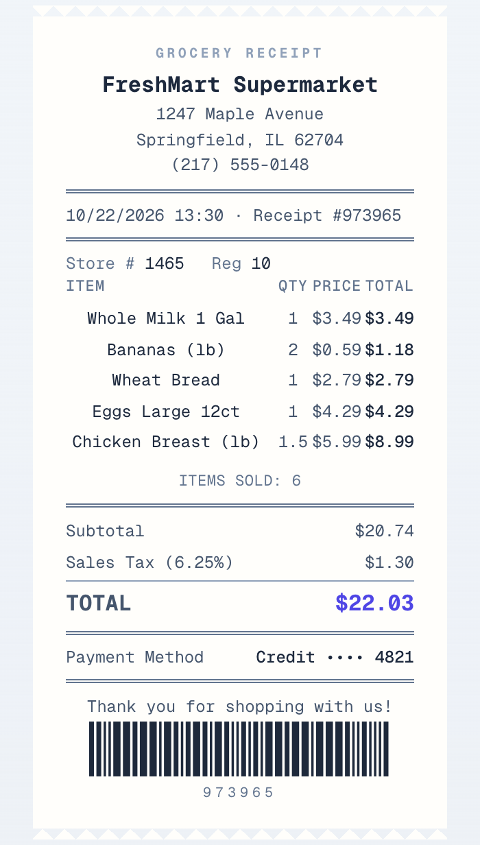 Finished grocery receipt showing the business, date, items, totals and payment method