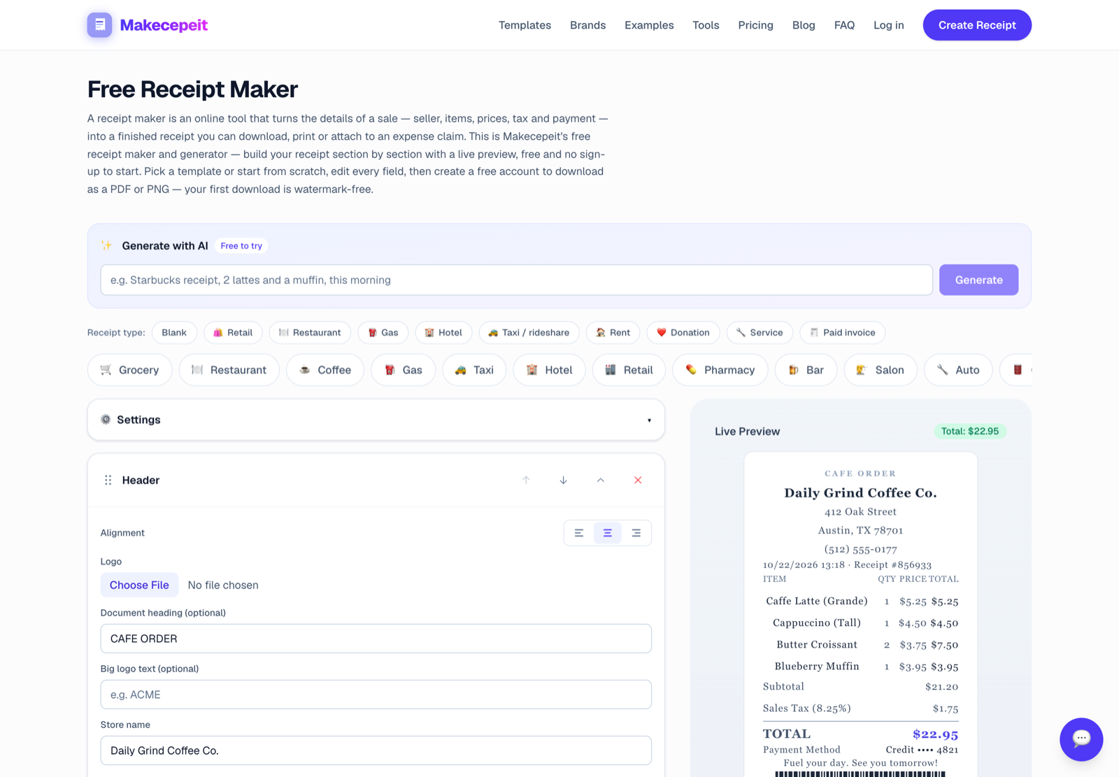 Makecepeit receipt builder with the editor on the left and live preview on the right