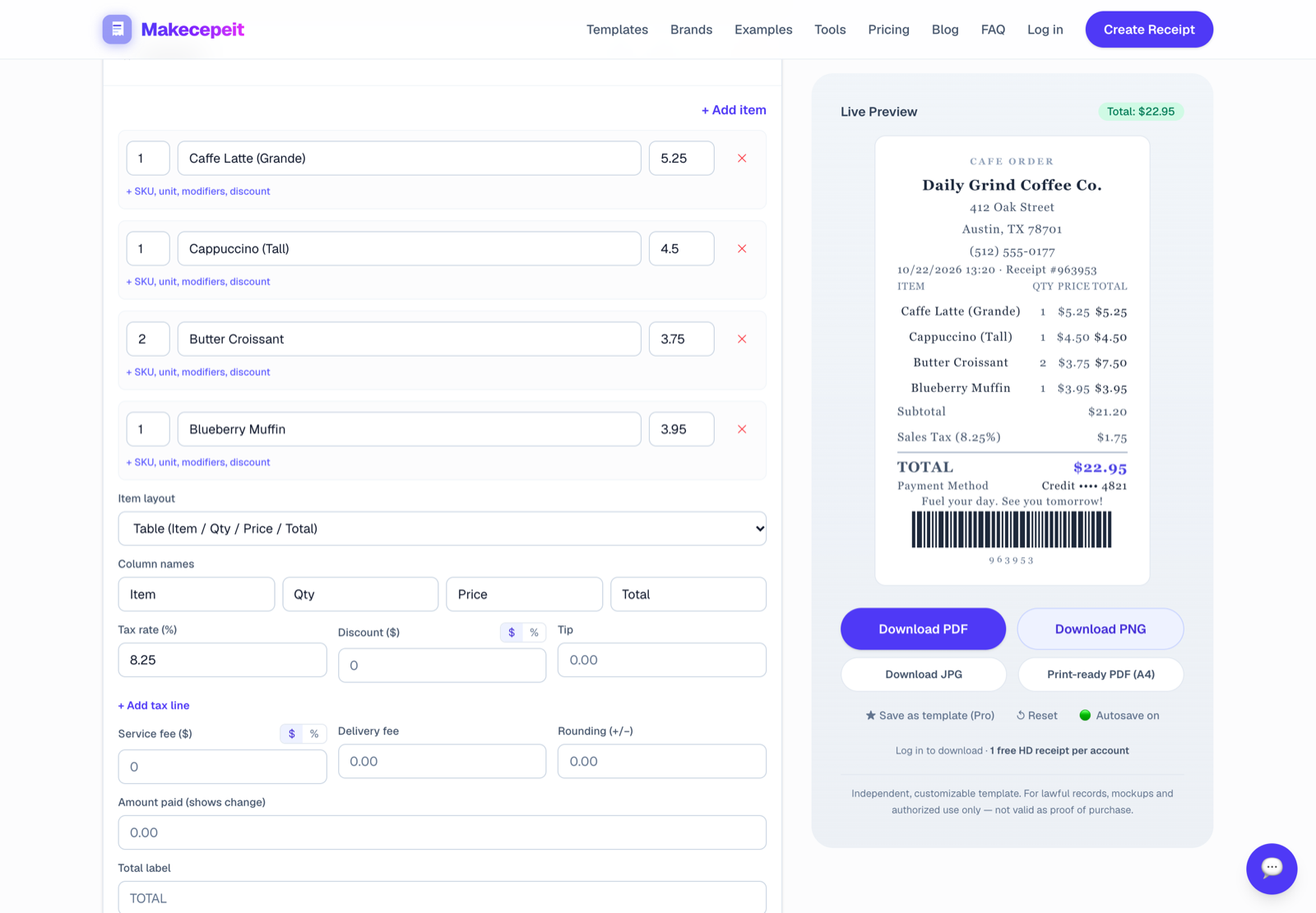 Line items in the editor with totals calculated in the live preview