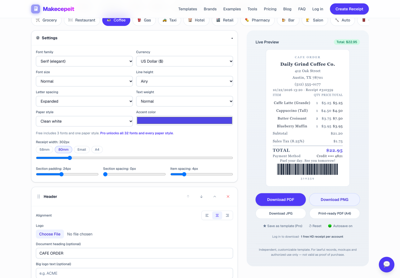 Settings panel for font, currency and receipt width next to the live preview