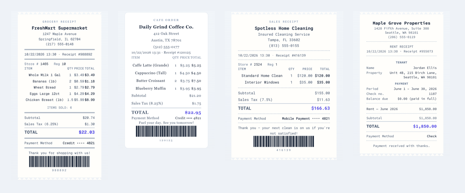 Grocery, cafe, cleaning service and rent receipt templates side by side