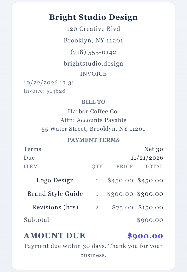 Completed invoice with bill to, payment terms, due date and amount due